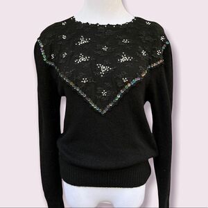 Vintage 80’s Silk/ Angora Embellished Fitted Sweater small